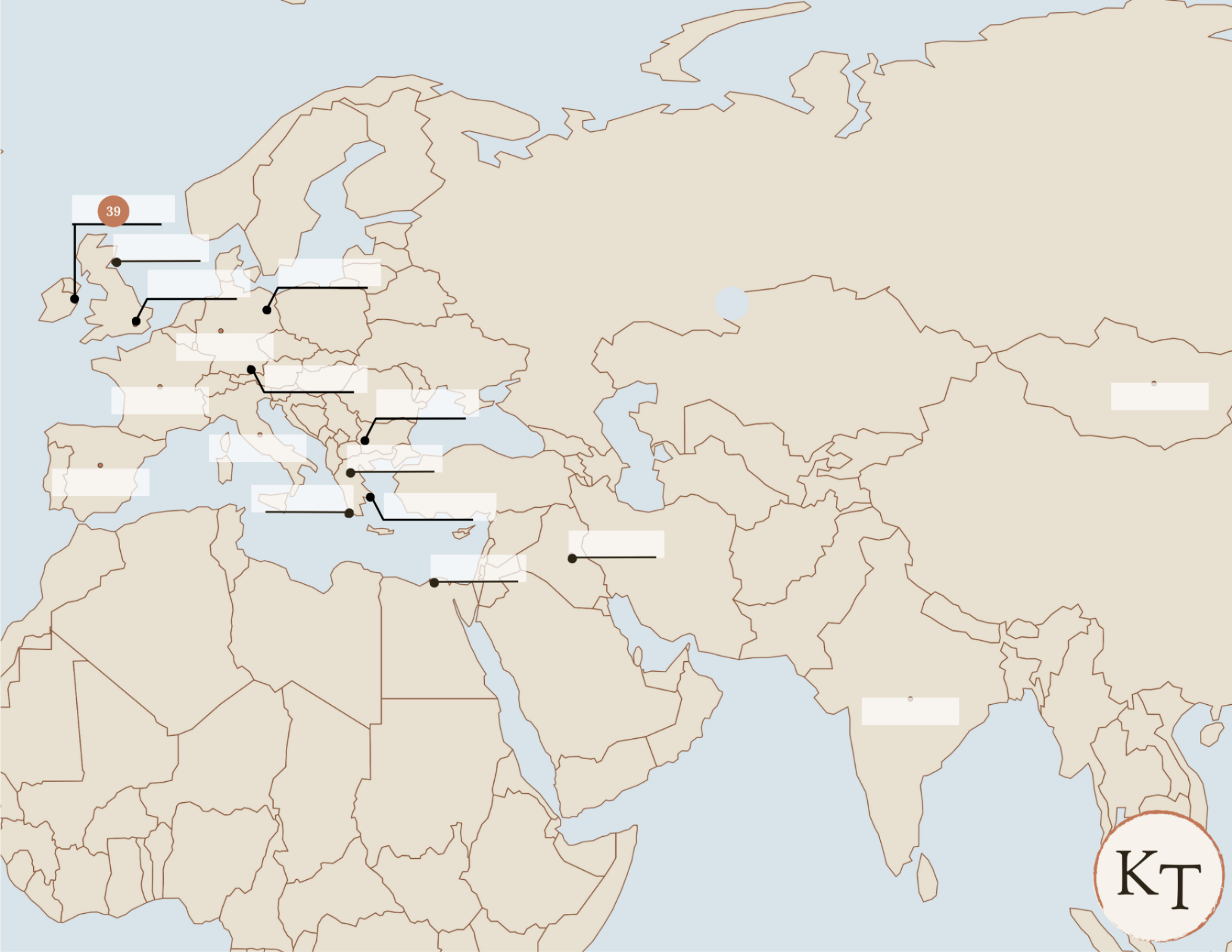 Key Locations map for Fifty Famous Stories Retold Chapter 39, with Dublin marked