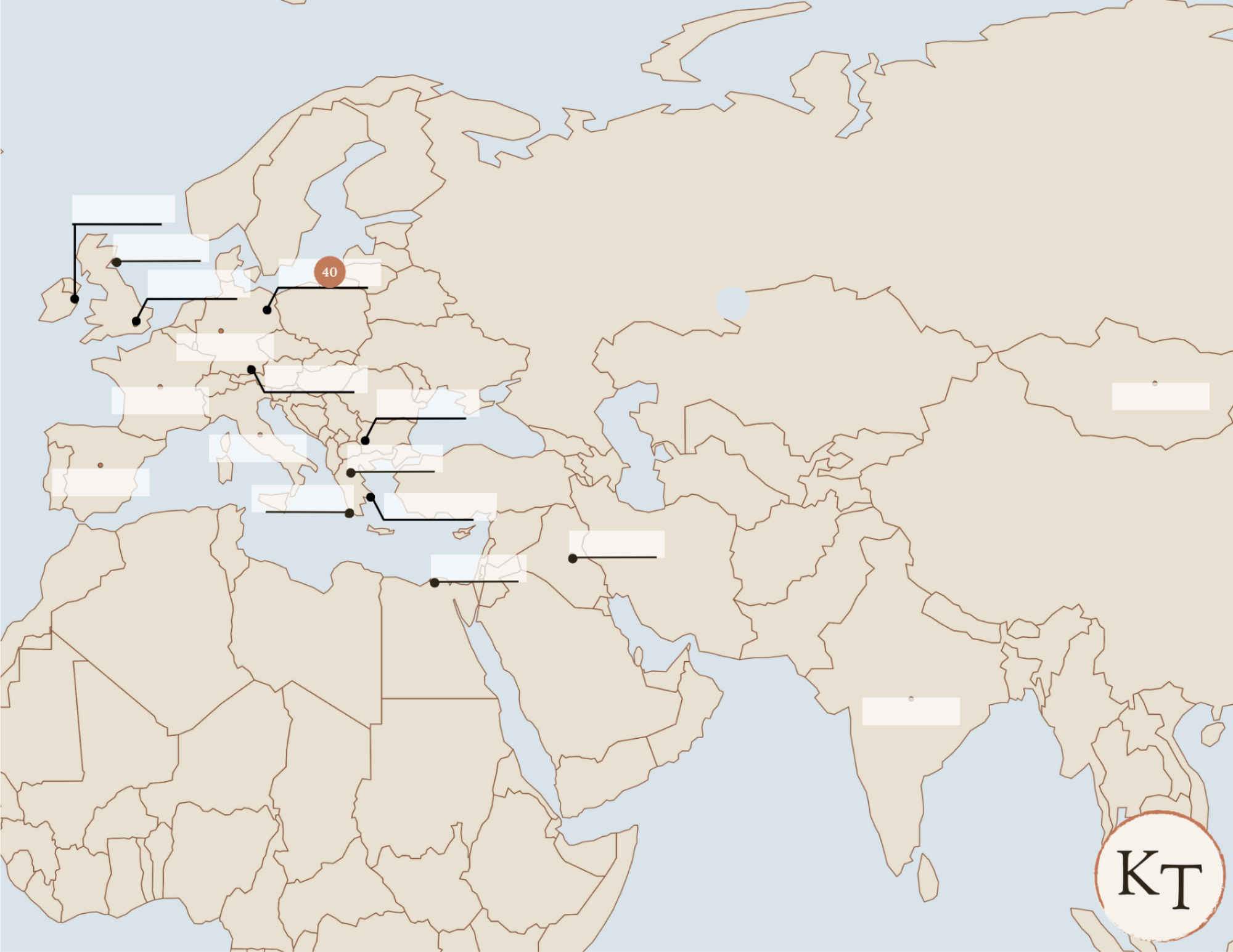 Key Locations map for Fifty Famous Stories Retold Chapter 40, with Prussia marked