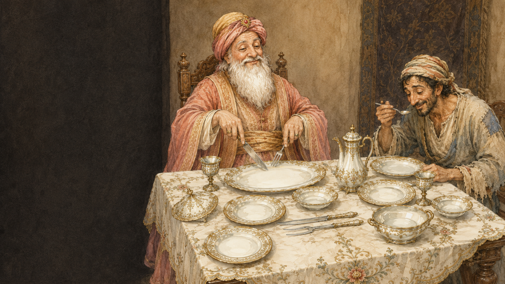 Illustration for Fifty Famous Stories Retold Chapter 41, The Barmecide Feast