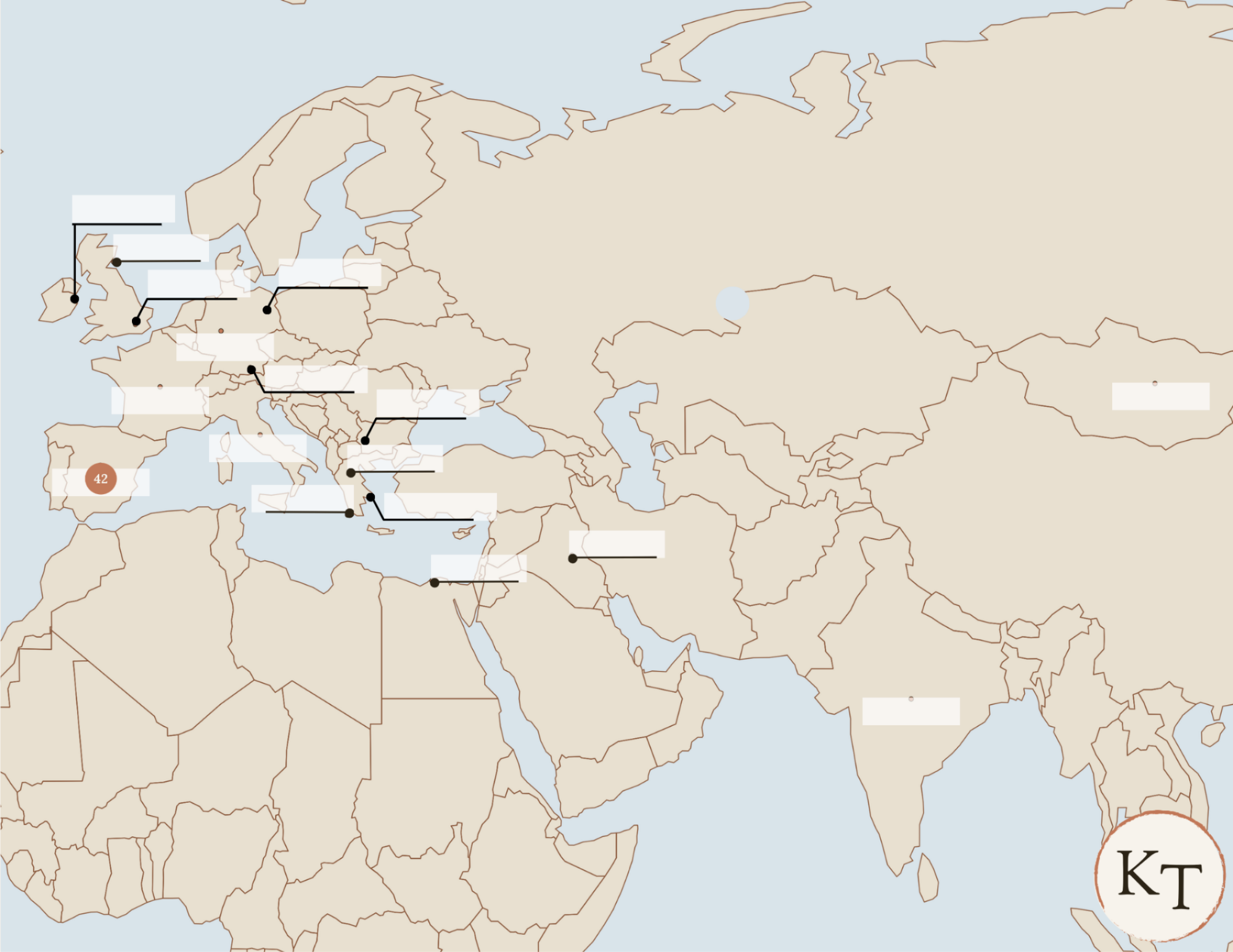 Key Locations map for Fifty Famous Stories Retold Chapter 42, with Spain marked