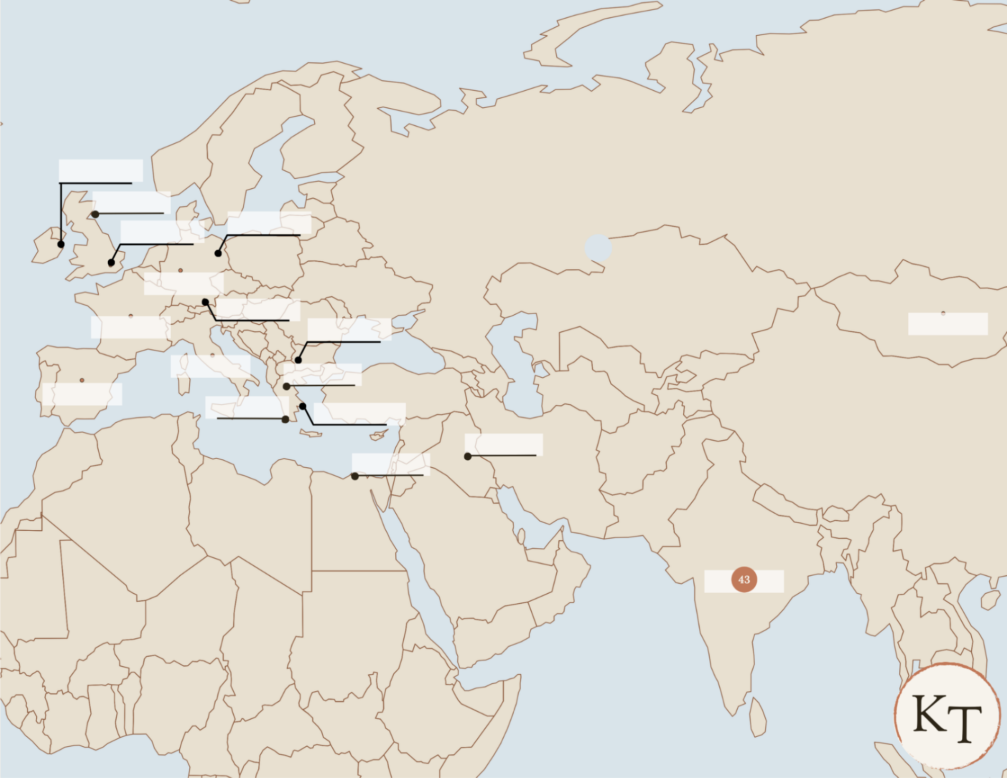 Key Locations map for Fifty Famous Stories Retold Chapter 43, with India marked