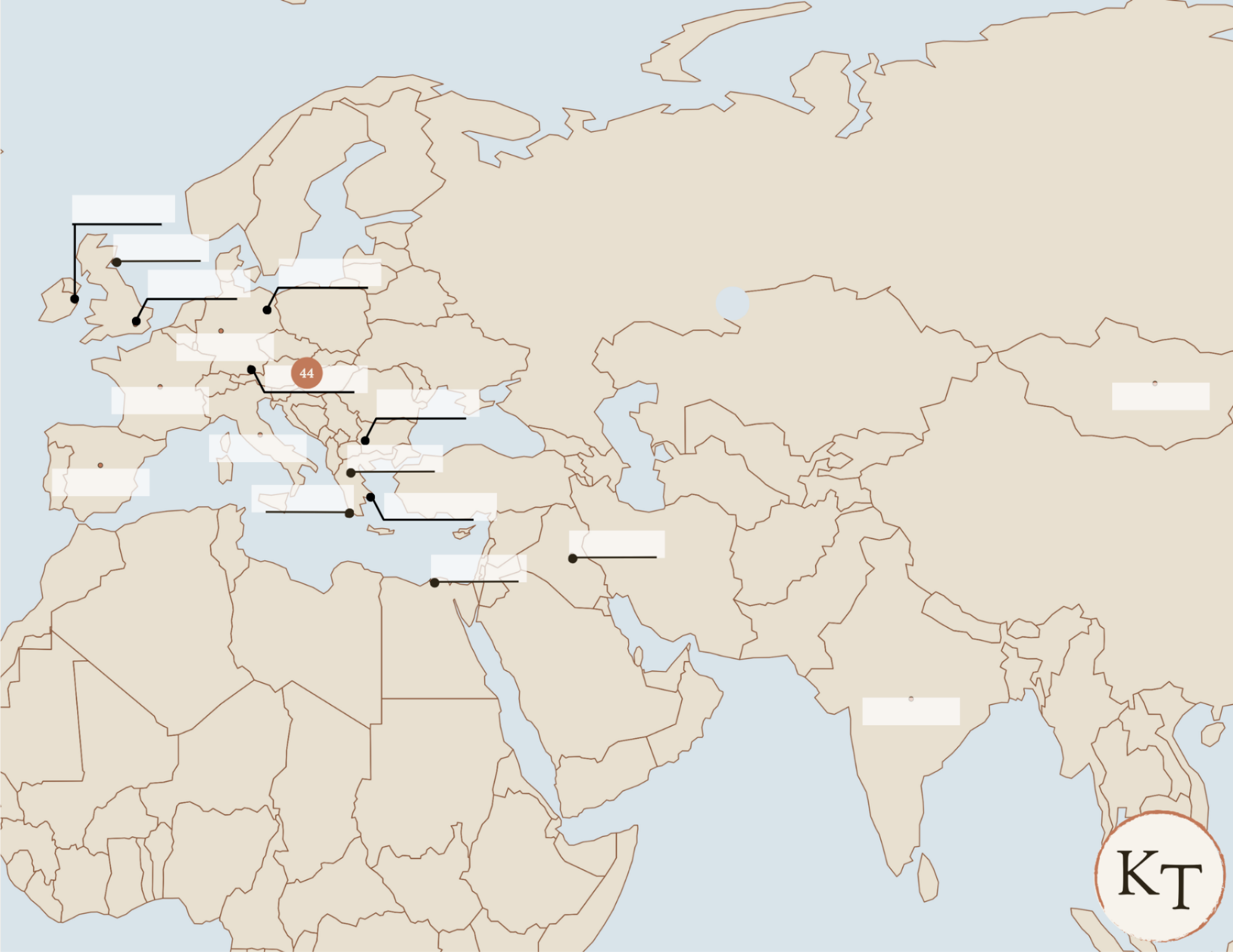 Key Locations map for Fifty Famous Stories Retold Chapter 44, with Bavaria marked