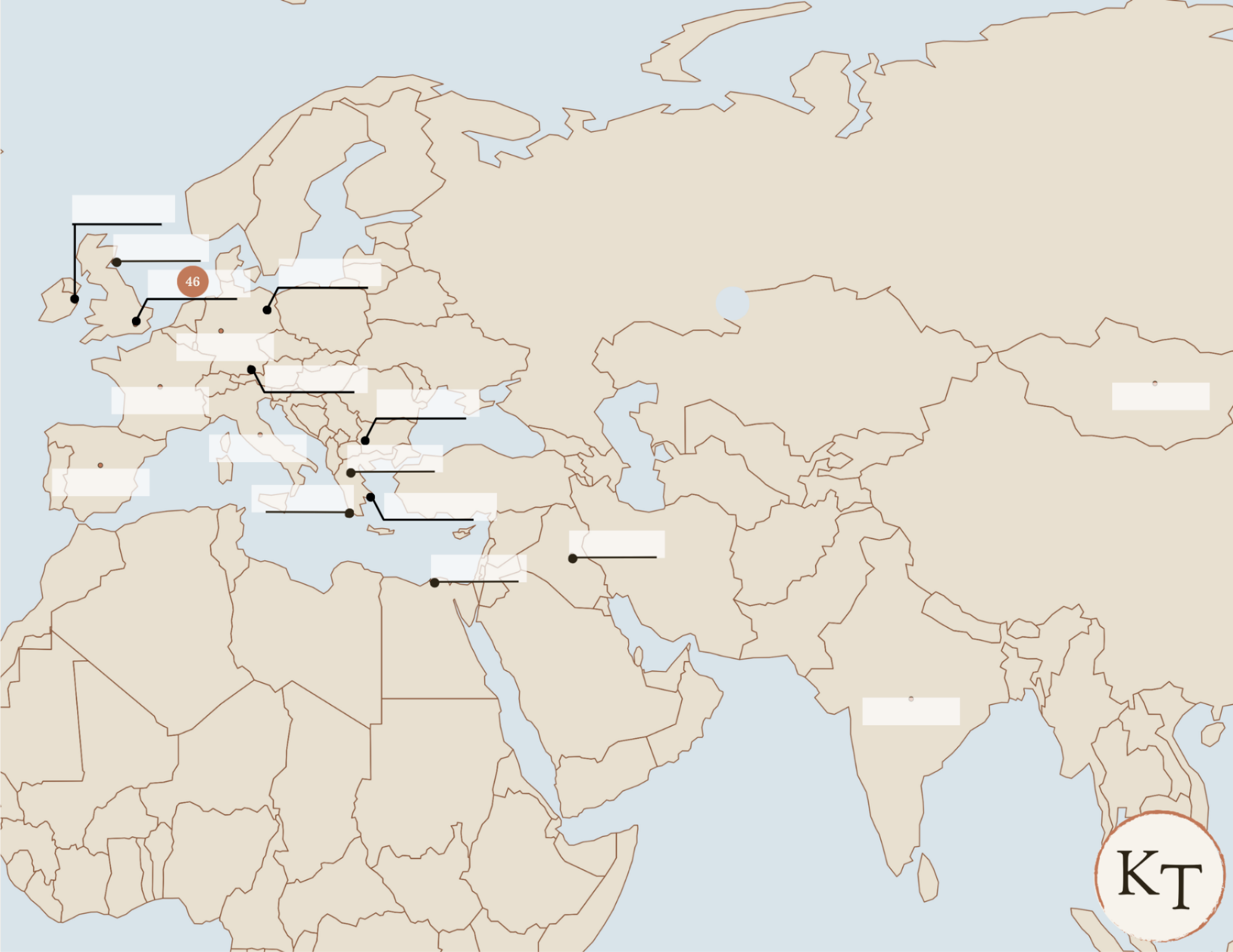 Key Locations map for Fifty Famous Stories Retold Chapter 46, with London marked