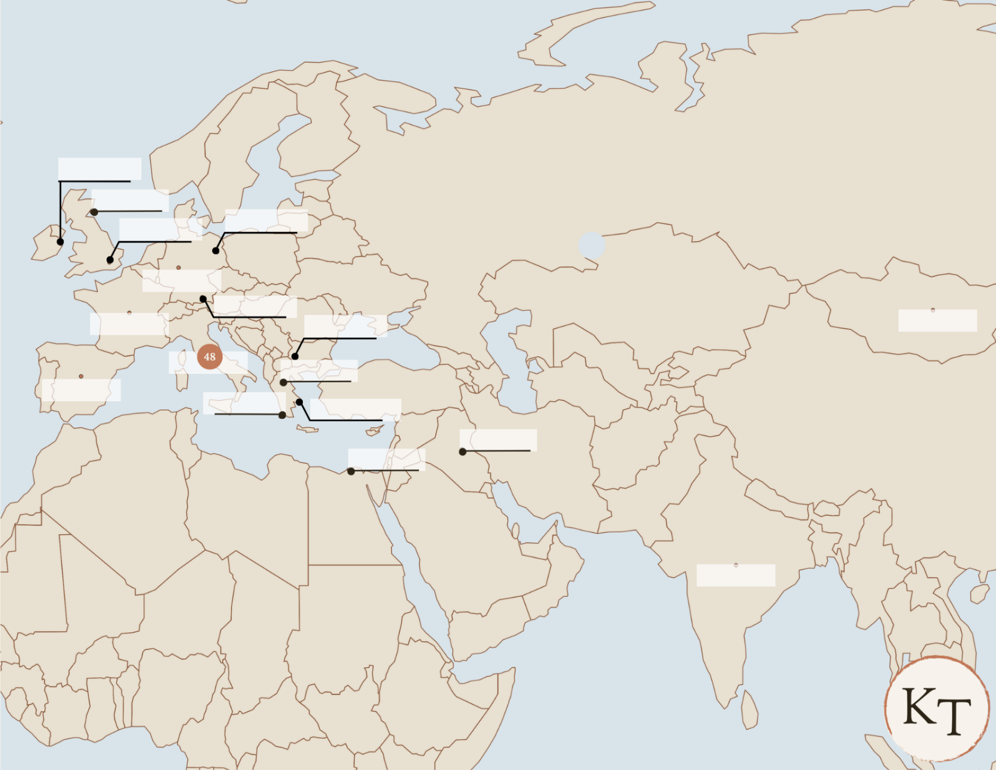 Key Locations map for Fifty Famous Stories Retold Chapter 48, with Italy marked