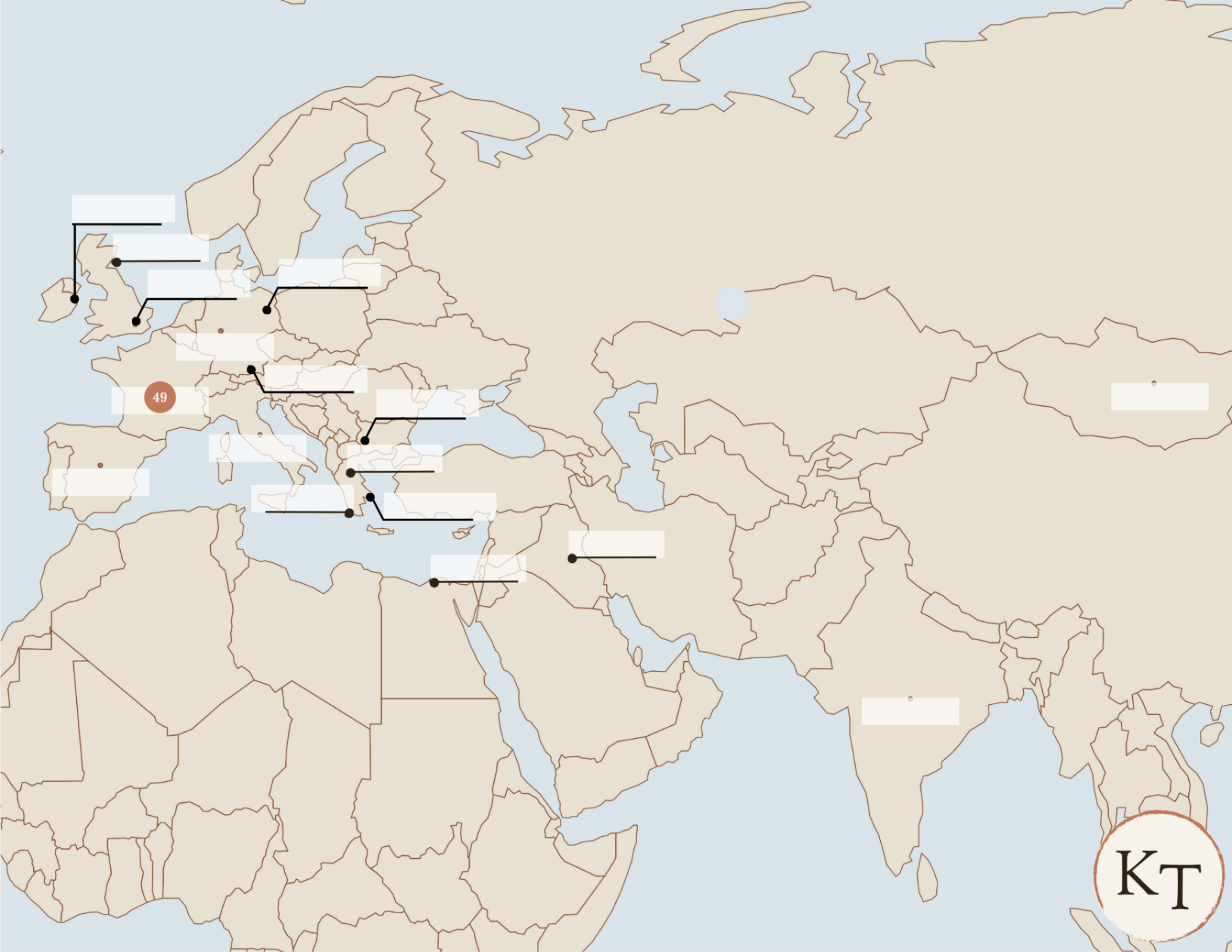 Key Locations map for Fifty Famous Stories Retold Chapter 49, with France marked