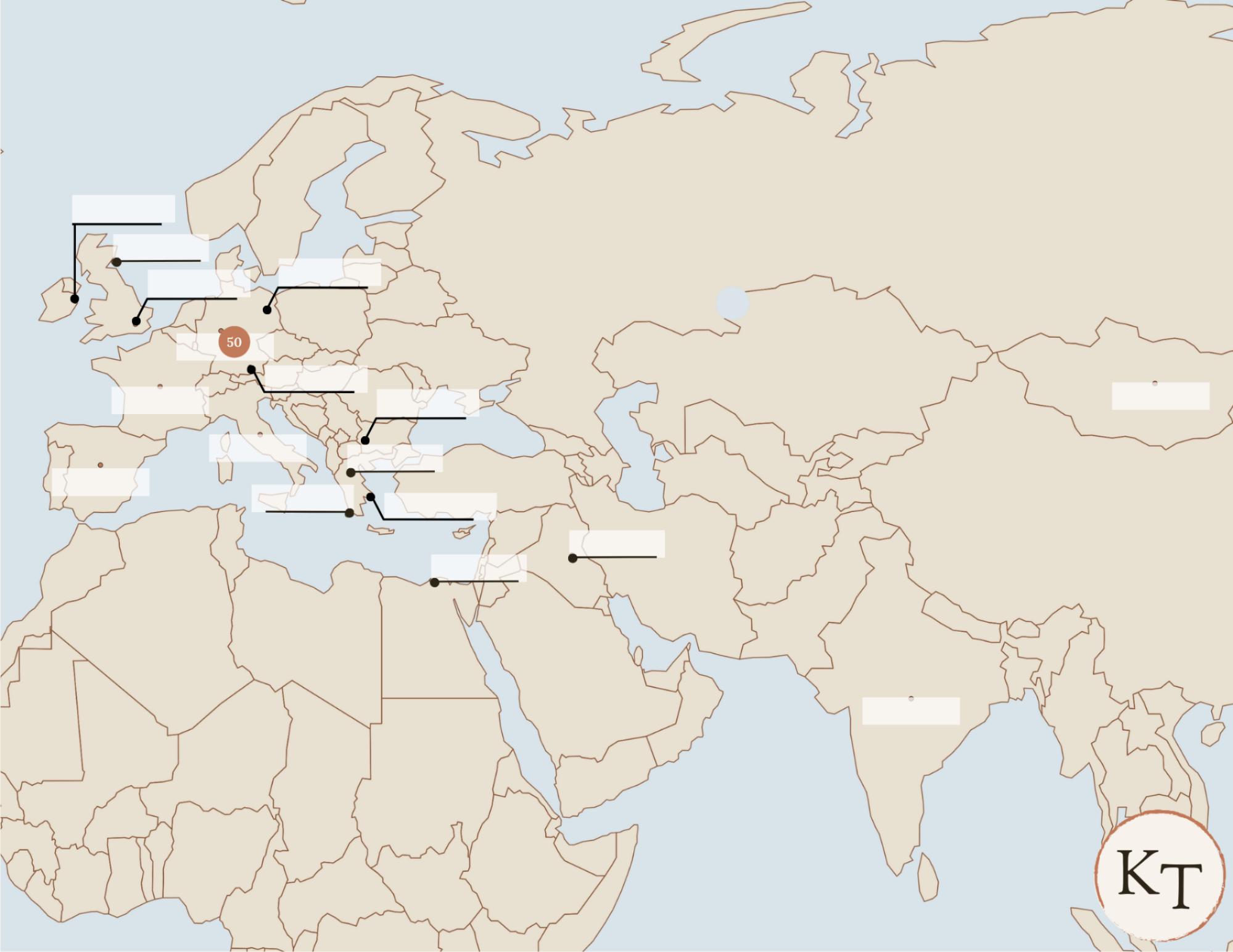 Key Locations map for Fifty Famous Stories Retold Chapter 50, with Germany marked