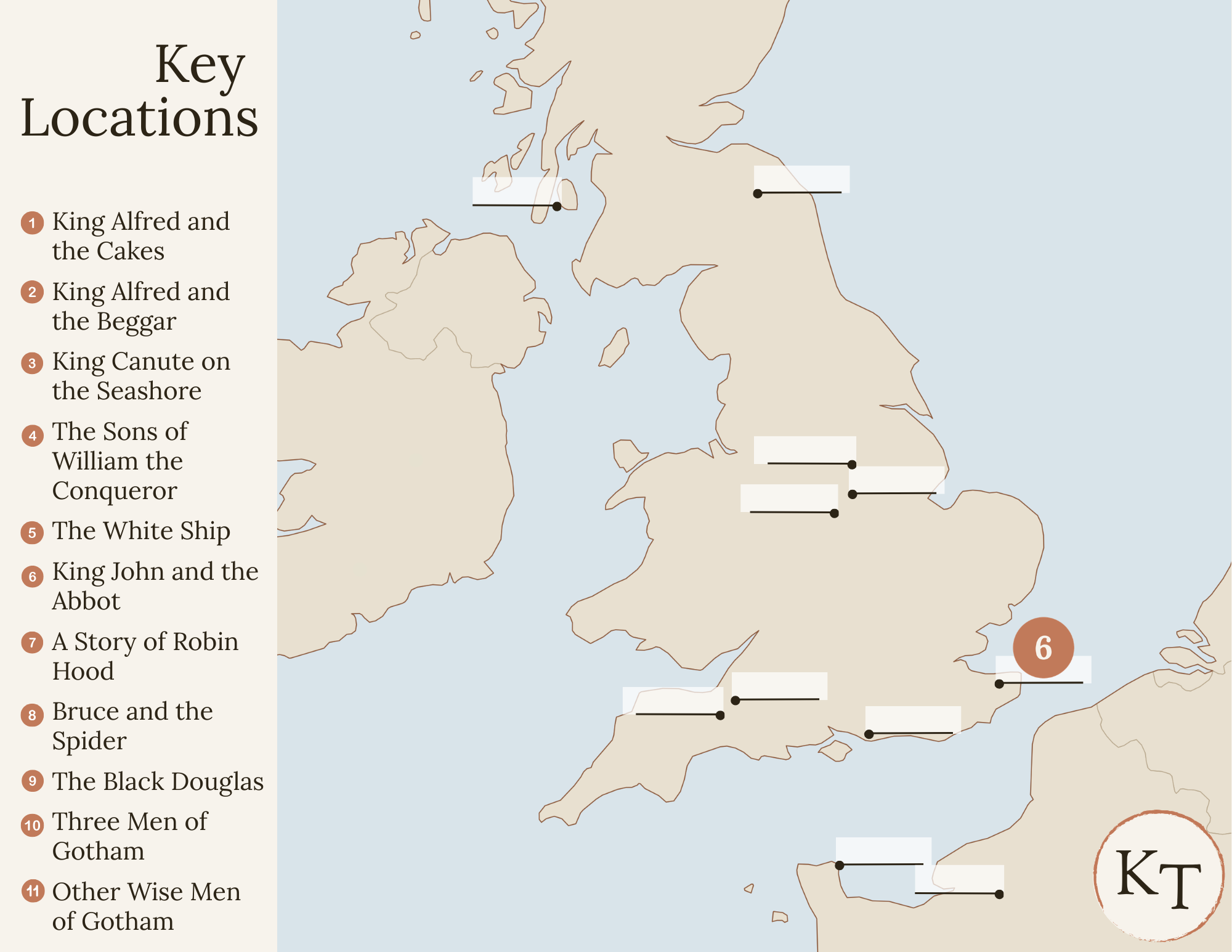 Key Locations map for Fifty Famous Stories Retold Chapter 6, with Canterbury marked