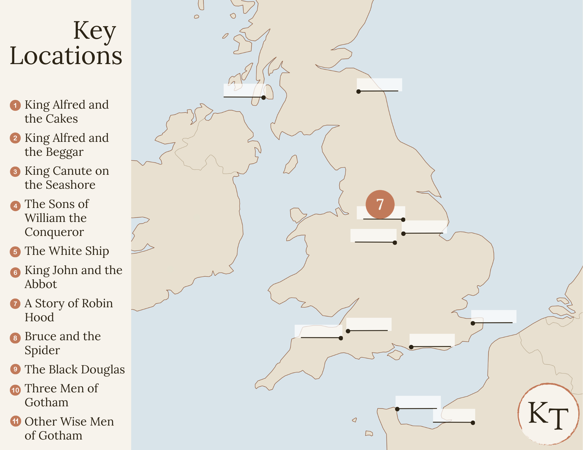 Key Locations map for Fifty Famous Stories Retold Chapter 7, with Sherwood Forest marked