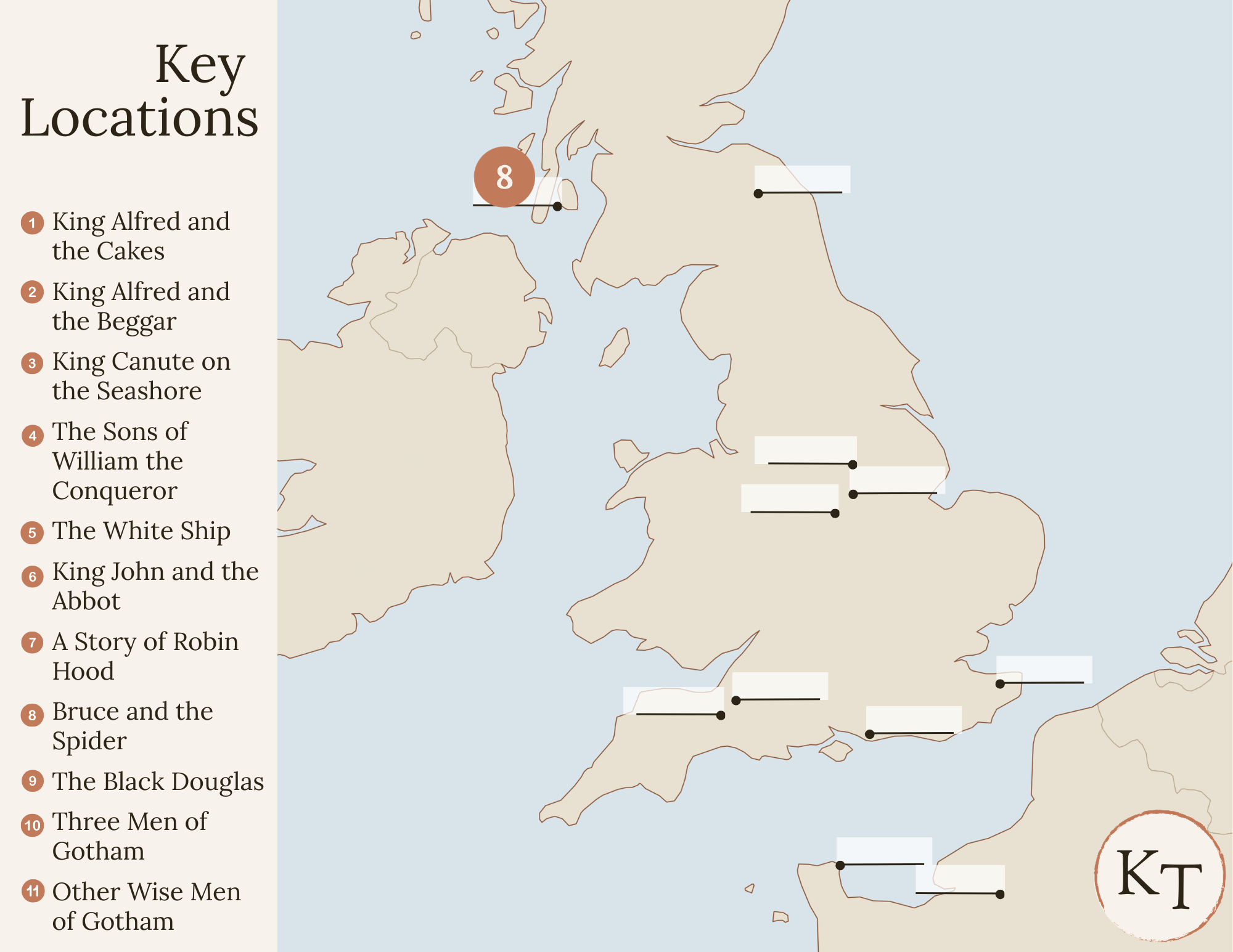 Key Locations map for Fifty Famous Stories Retold Chapter 8, with the Isle of Arran marked