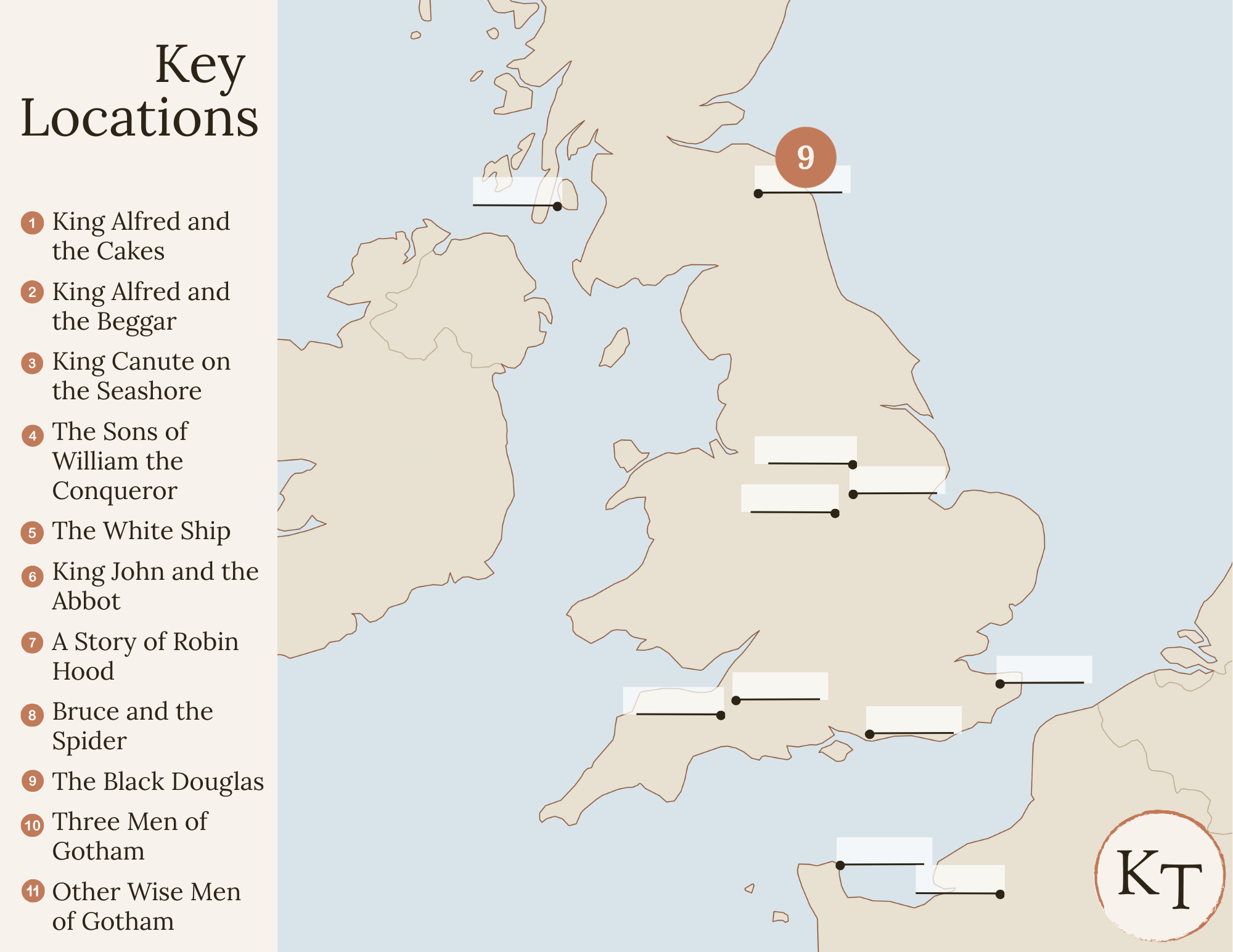 Key Locations map for Fifty Famous Stories Retold Chapter 9, with Roxburgh Castle marked