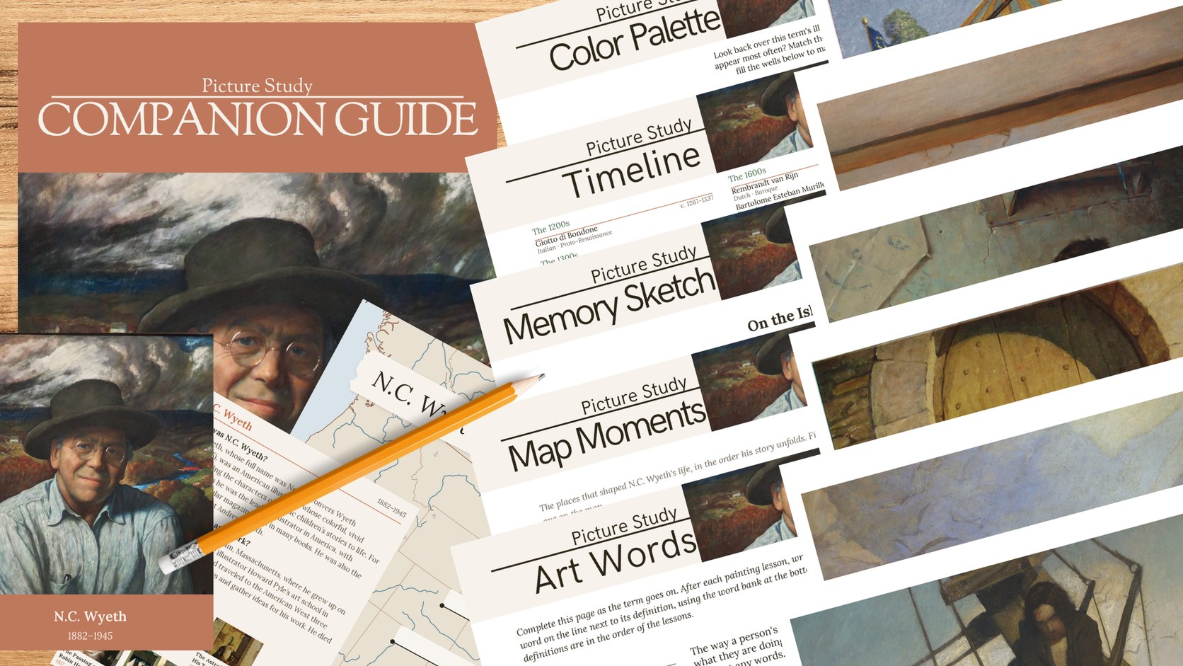The N.C. Wyeth Picture Study Companion from Kindred Thicket: the cover with the timeline card, map moments, art words, memory sketch, timeline, and color palette pages