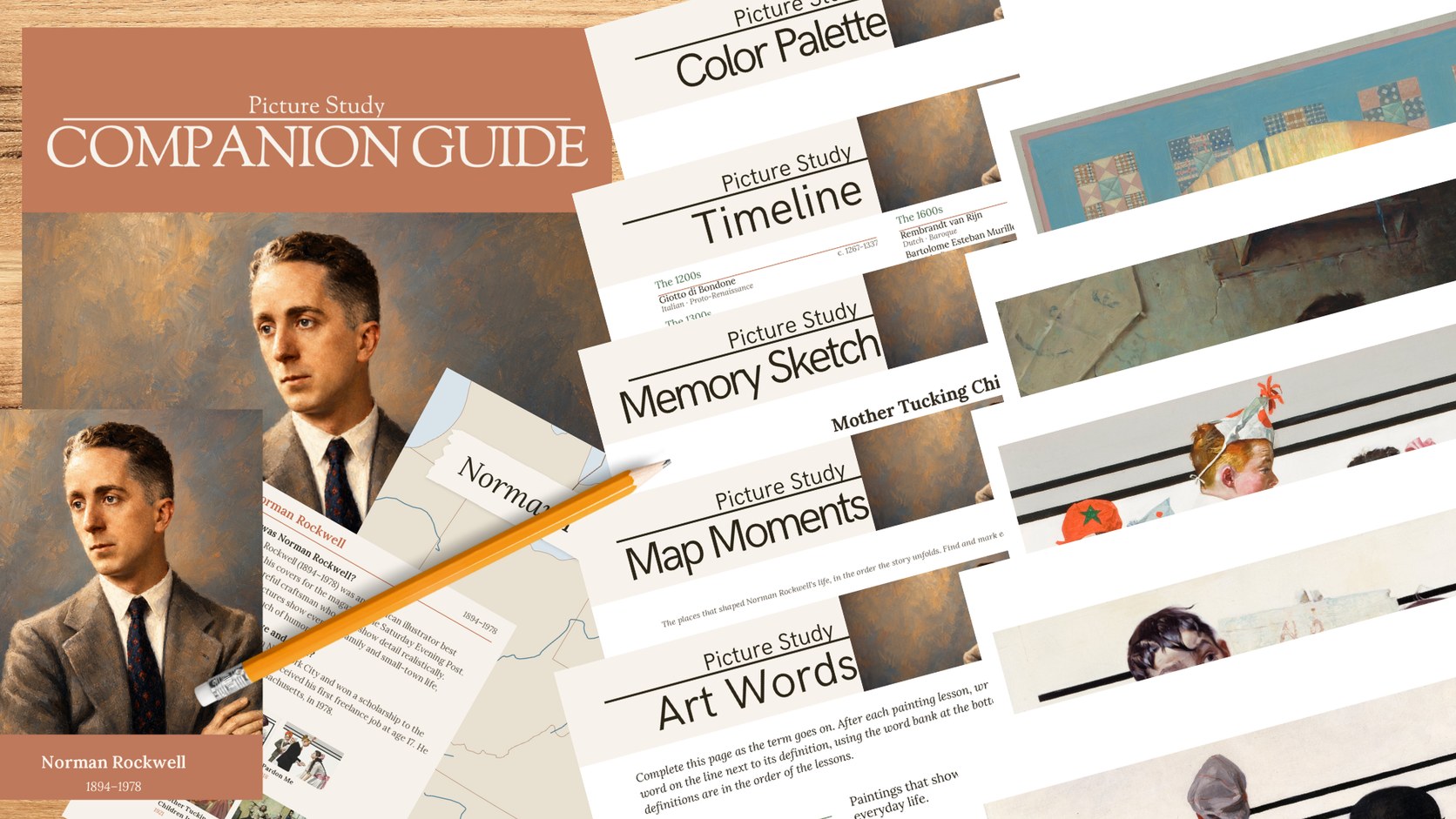 The Norman Rockwell Picture Study Companion from Kindred Thicket: the cover with the timeline card, map moments, art words, memory sketch, timeline, and color palette pages