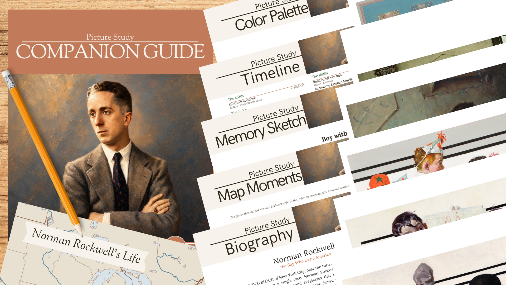 The Kindred Thicket Norman Rockwell Picture Study Companion: cover and interior pages including the biography, life map, timeline, color palette, and memory-sketch spreads