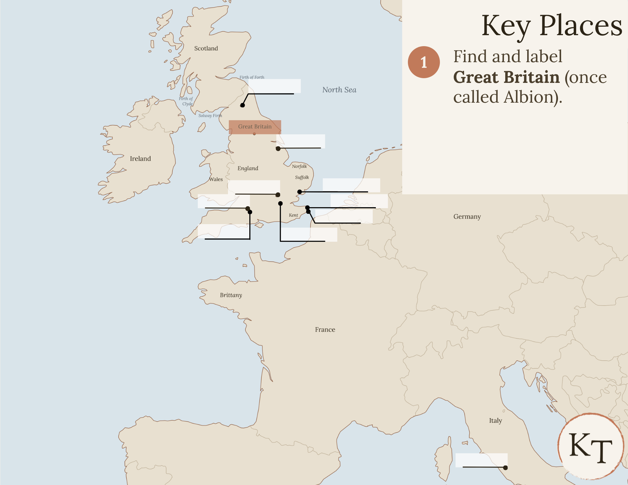 Key Places map for Our Island Story Chapter 1, with Great Britain labelled