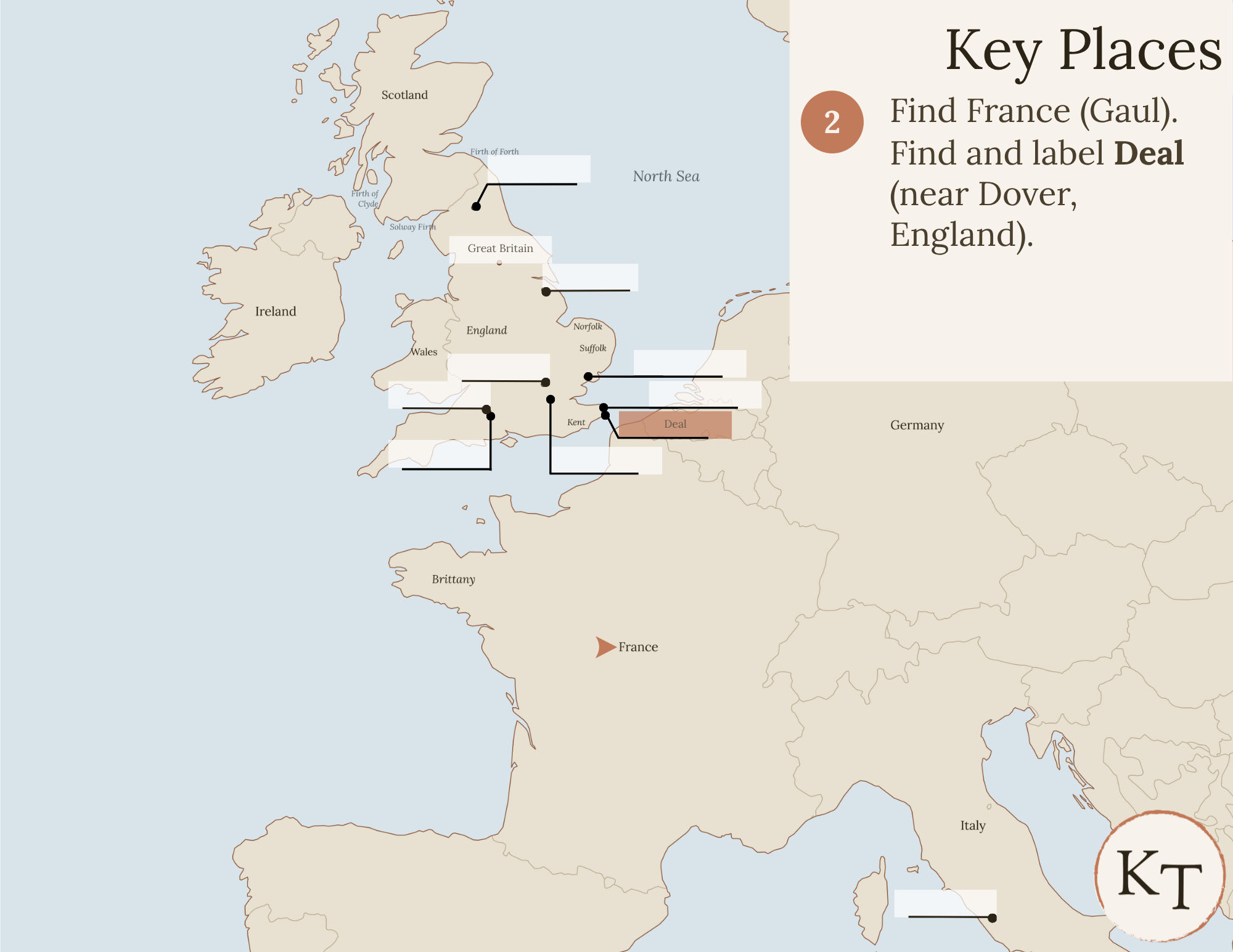 Key Places map for Our Island Story Chapter 2, with France and Deal marked