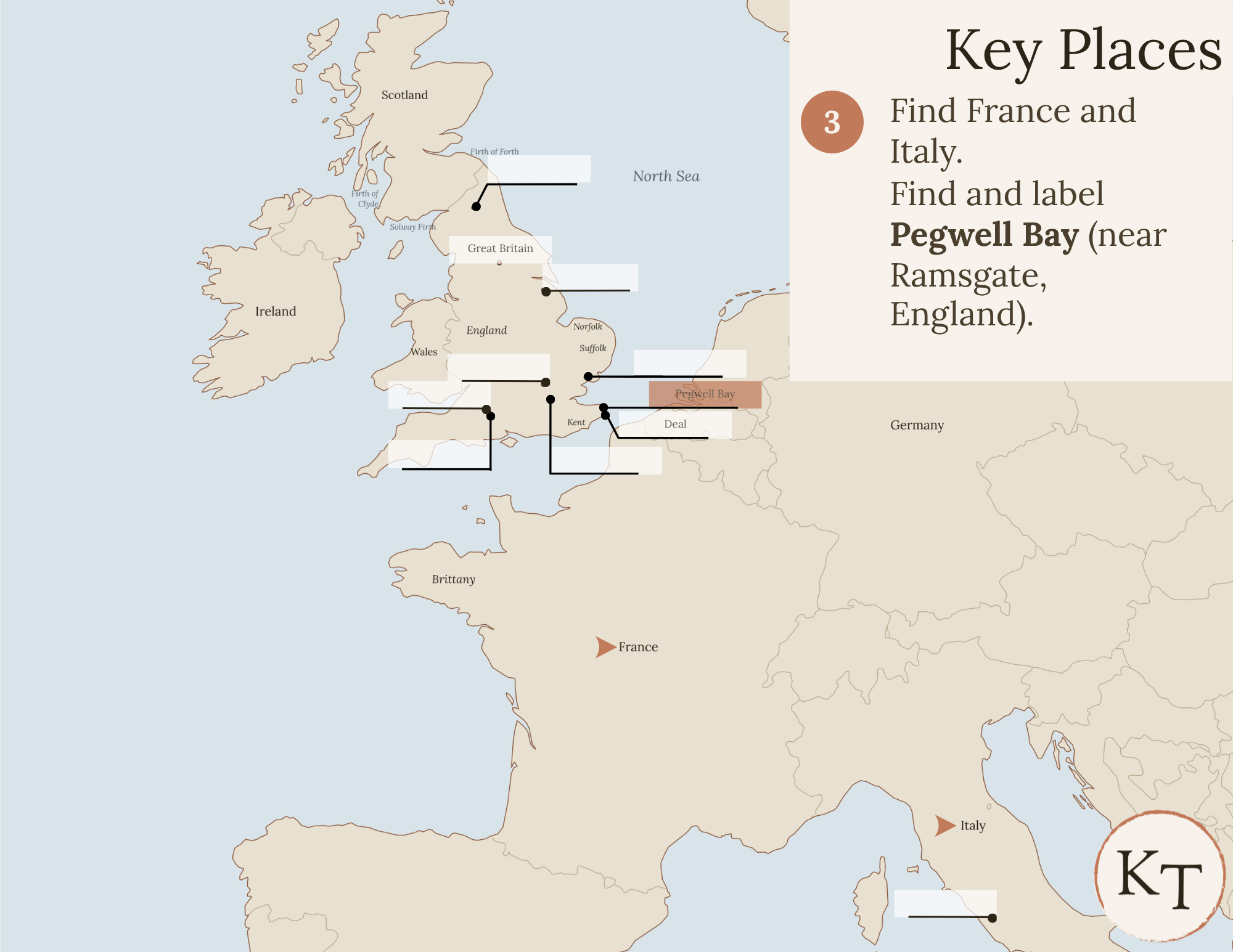 Key Places map for Our Island Story Chapter 3, with France, Italy, and Pegwell Bay marked