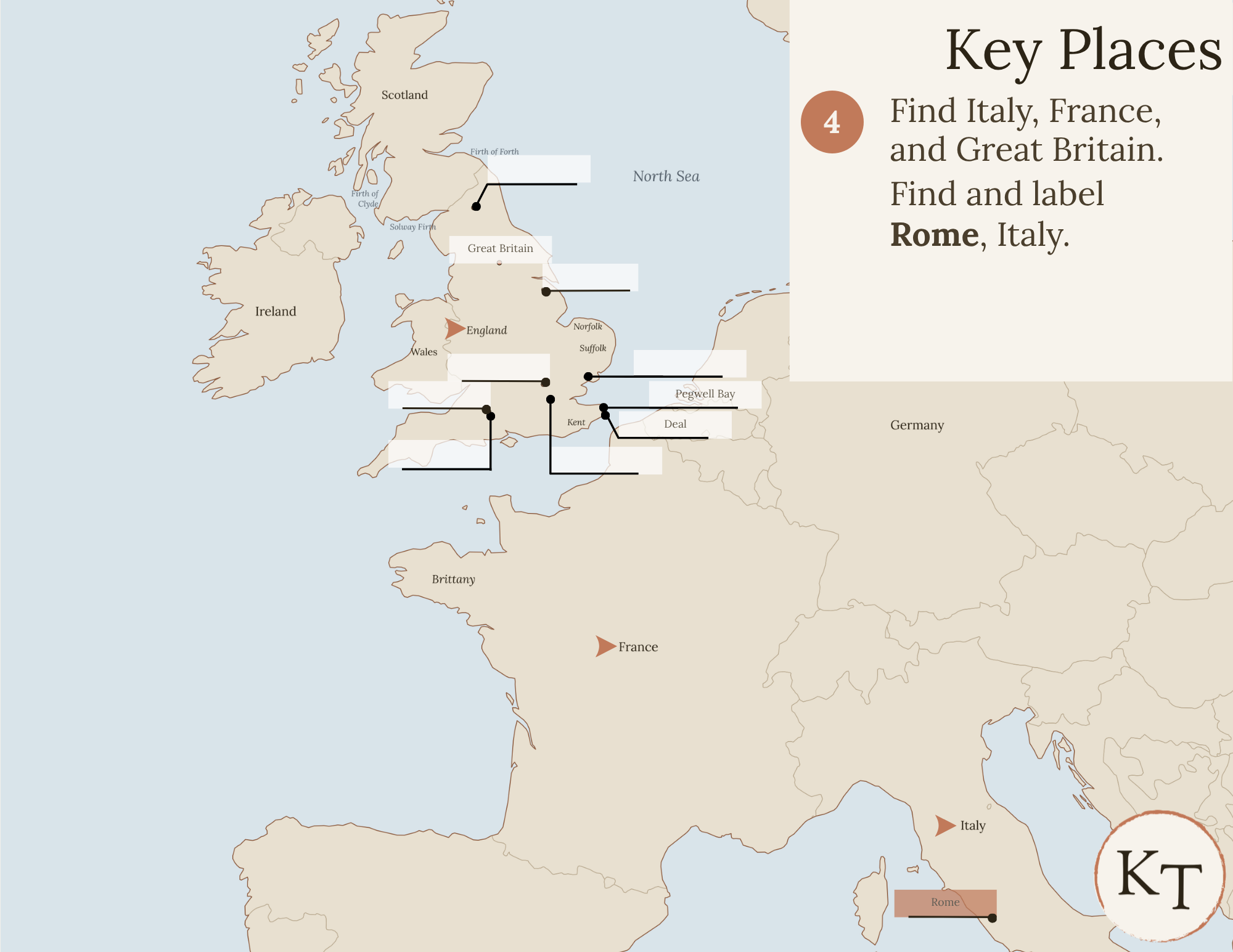 Key Places map for Our Island Story Chapter 4, with Italy, France, Great Britain, and Rome marked