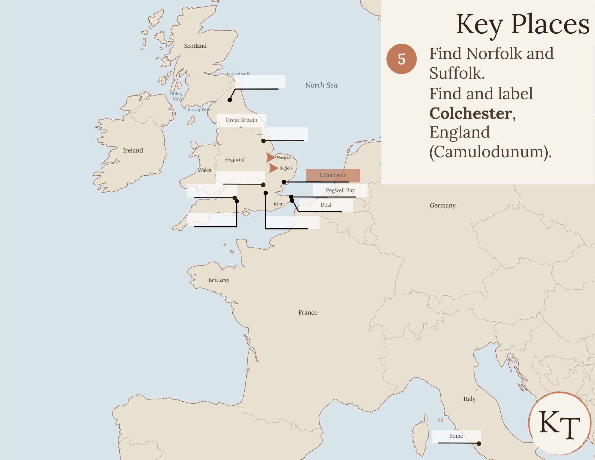 Key Places map for Our Island Story Chapter 5, with Norfolk, Suffolk, and Colchester marked