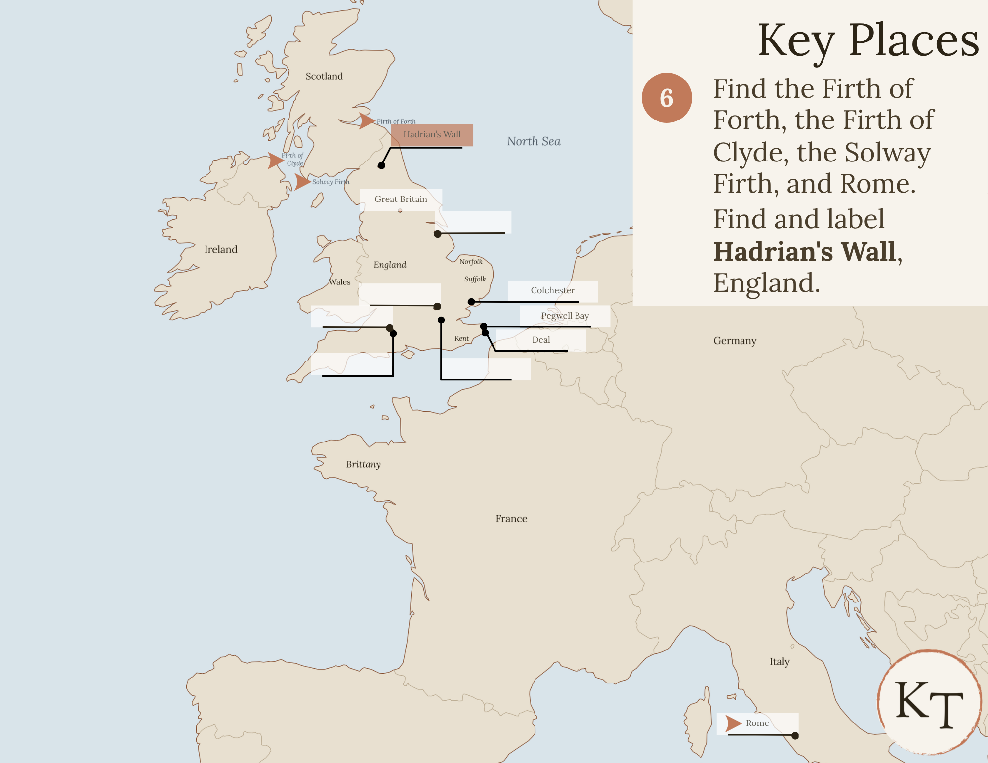 Key Places map for Our Island Story Chapter 6, with the Firth of Forth, the Firth of Clyde, the Solway Firth, Rome, and Hadrian's Wall marked