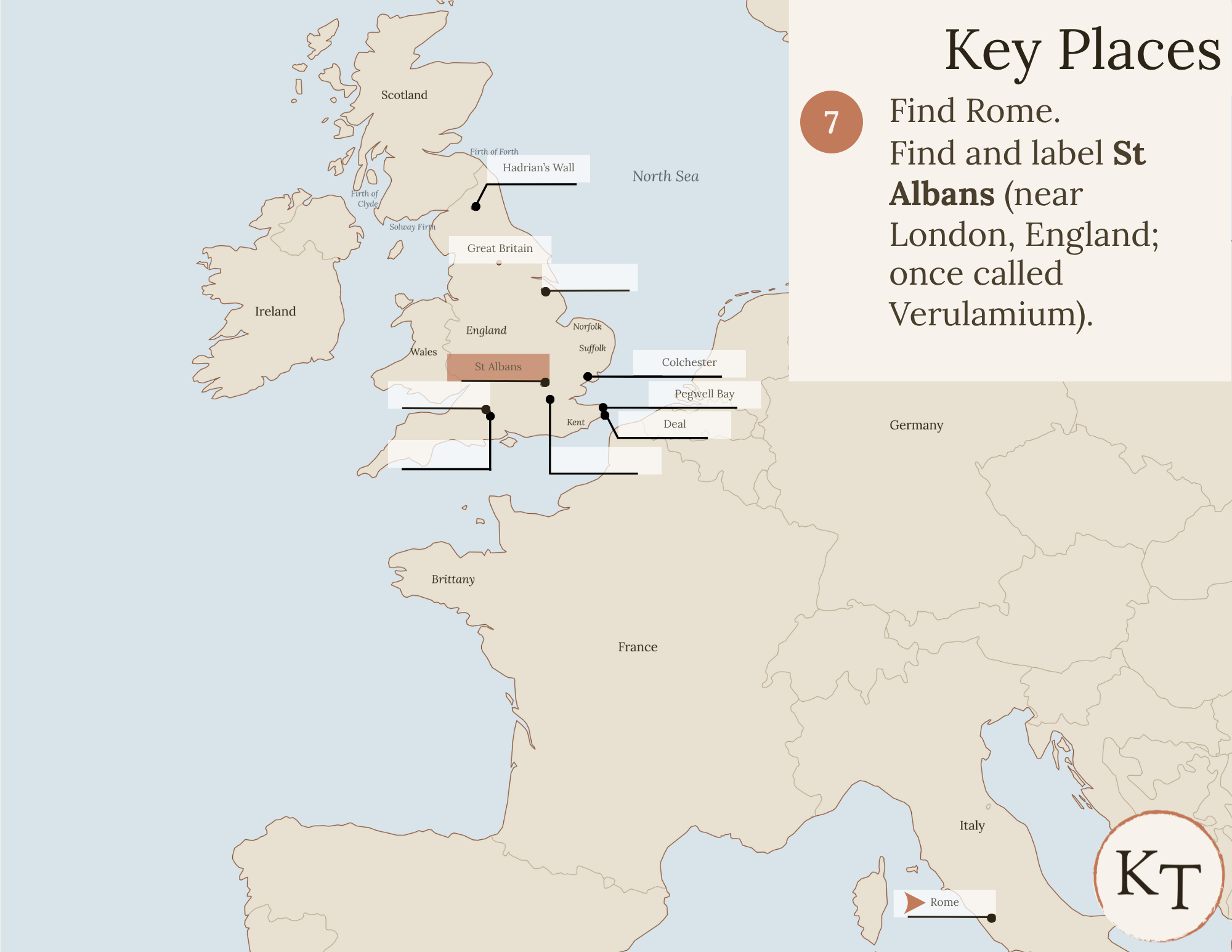 Key Places map for Our Island Story Chapter 7, with Rome and St Albans marked