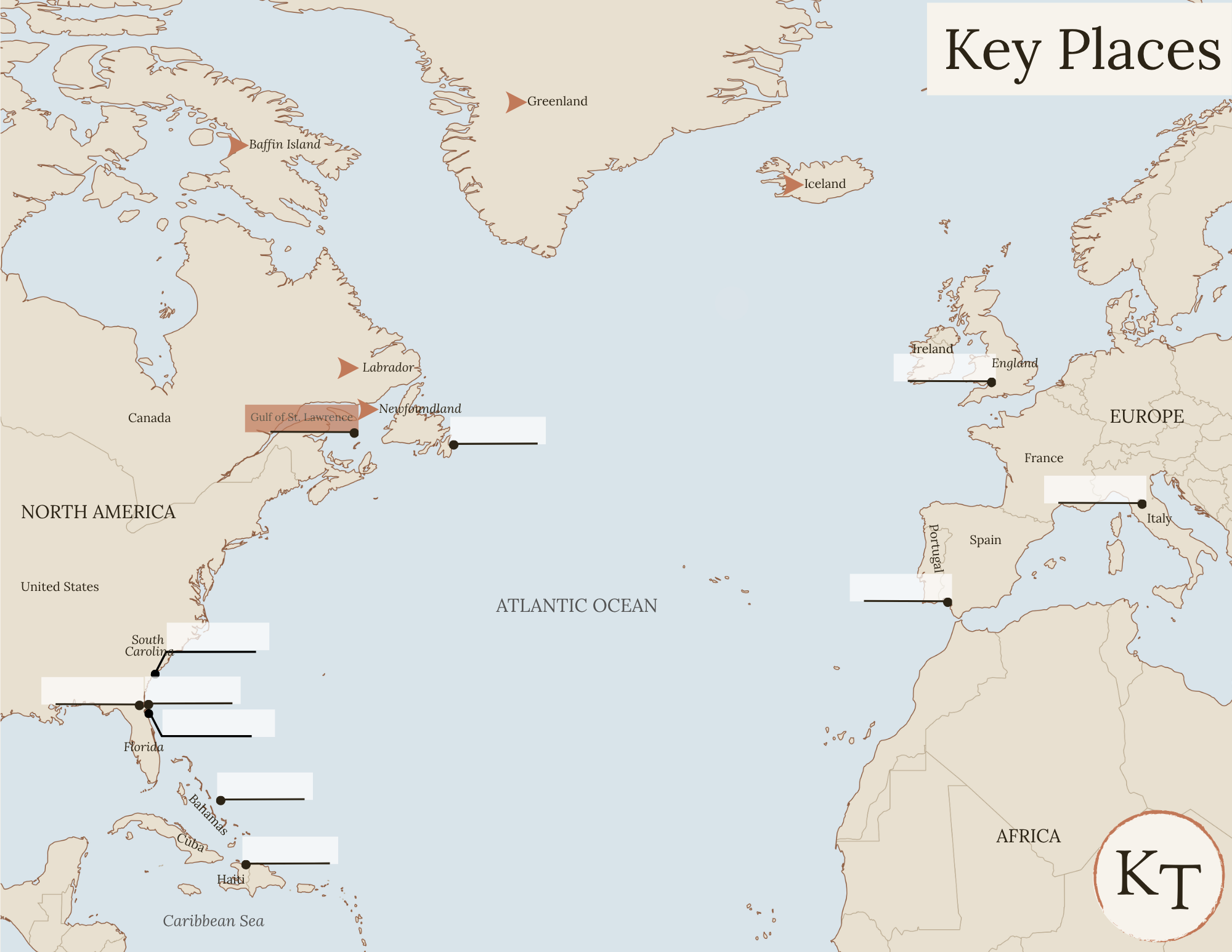 Key Places map for This Country of Ours Chapter 1, with Greenland, Iceland, Baffin Island, Labrador, Newfoundland and the Gulf of St. Lawrence marked