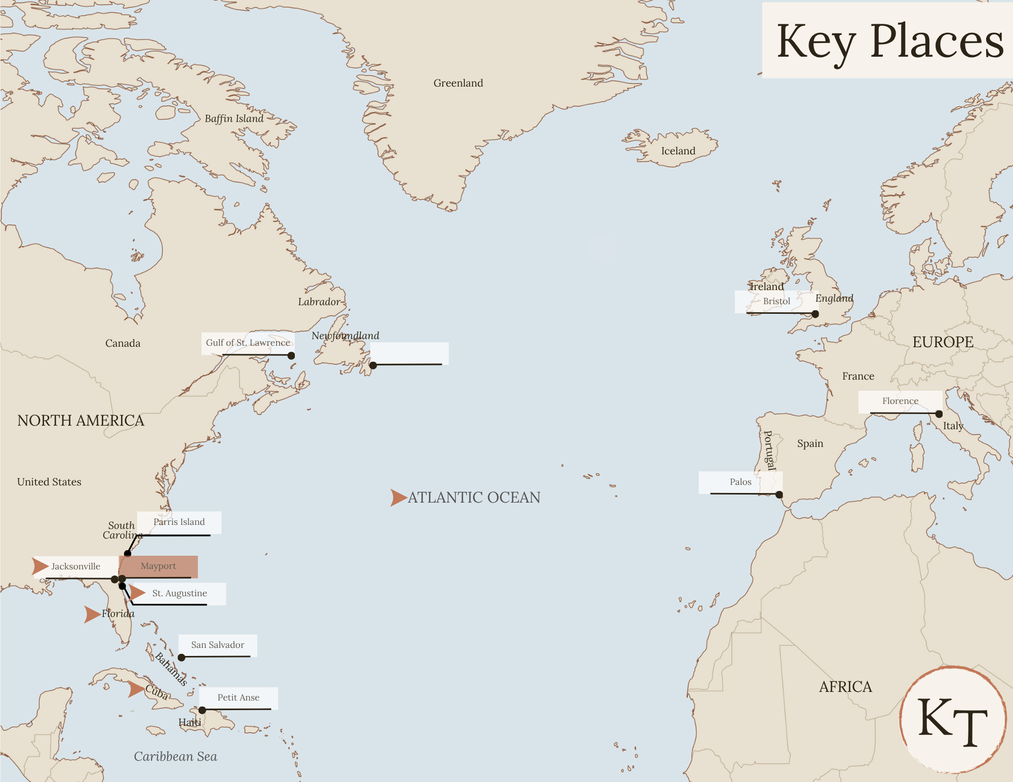 Key Places map for This Country of Ours Chapter 10, with the Atlantic Ocean, Florida, Cuba, Jacksonville (Fort Caroline, which the Spanish renamed Fort Mateo), St. Augustine, Mayport, Florida (location of two river-mouth forts) marked
