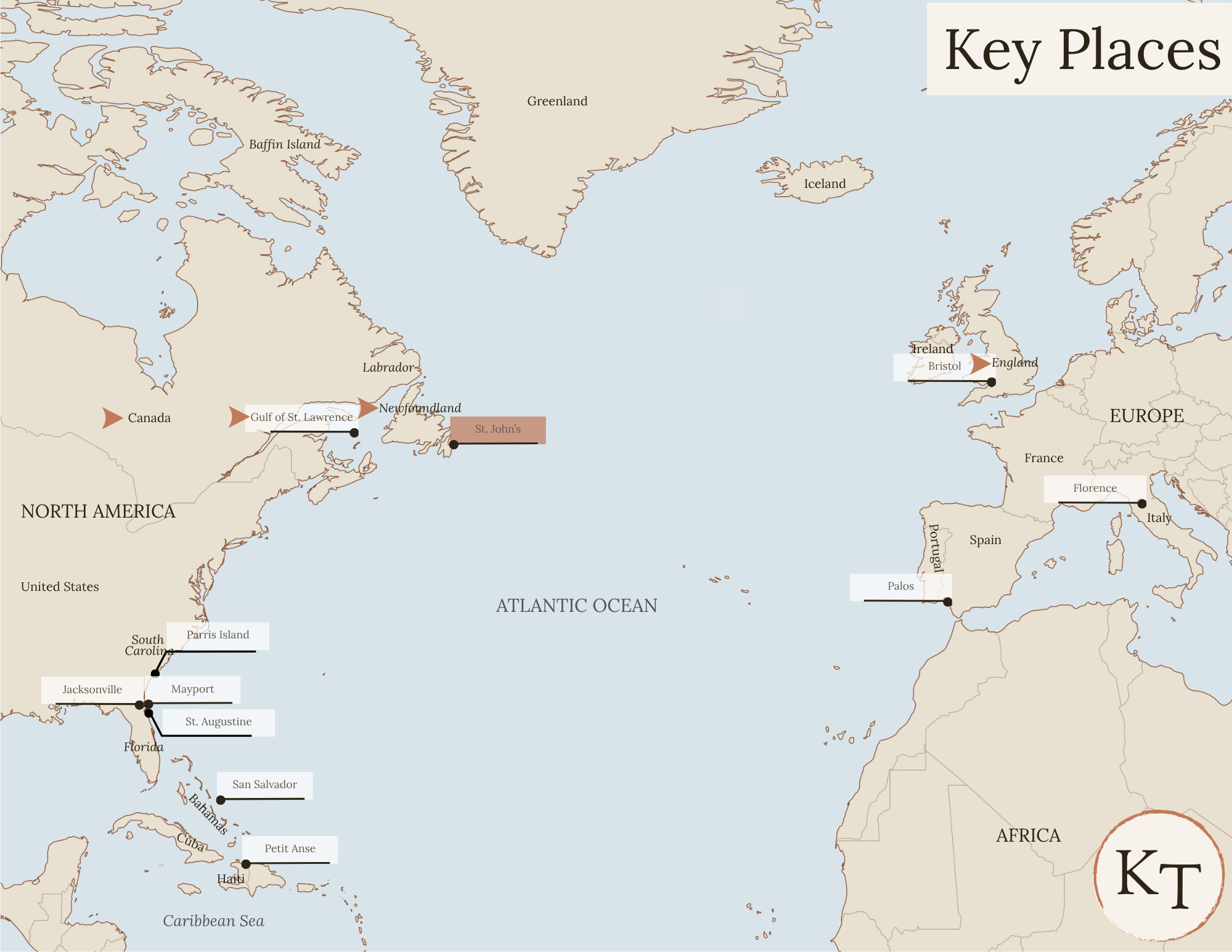 Key Places map for This Country of Ours Chapter 11, with Newfoundland, England, Canada, the Gulf of St. Lawrence, St. John’s, Newfoundland marked