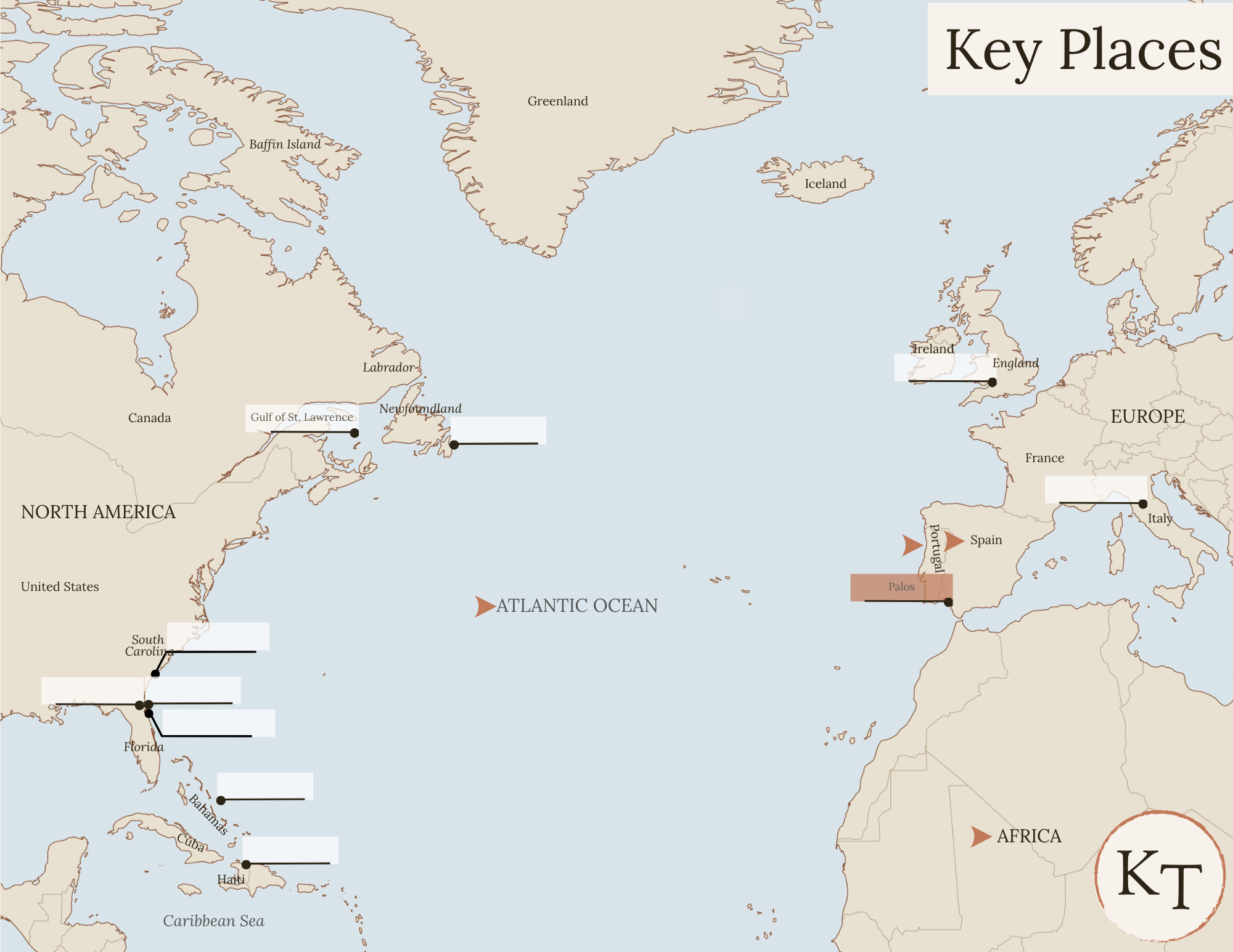 Key Places map for This Country of Ours Chapter 2, with Spain, Portugal, Africa, the Atlantic Ocean (the Sea of Darkness), Palos, Spain marked