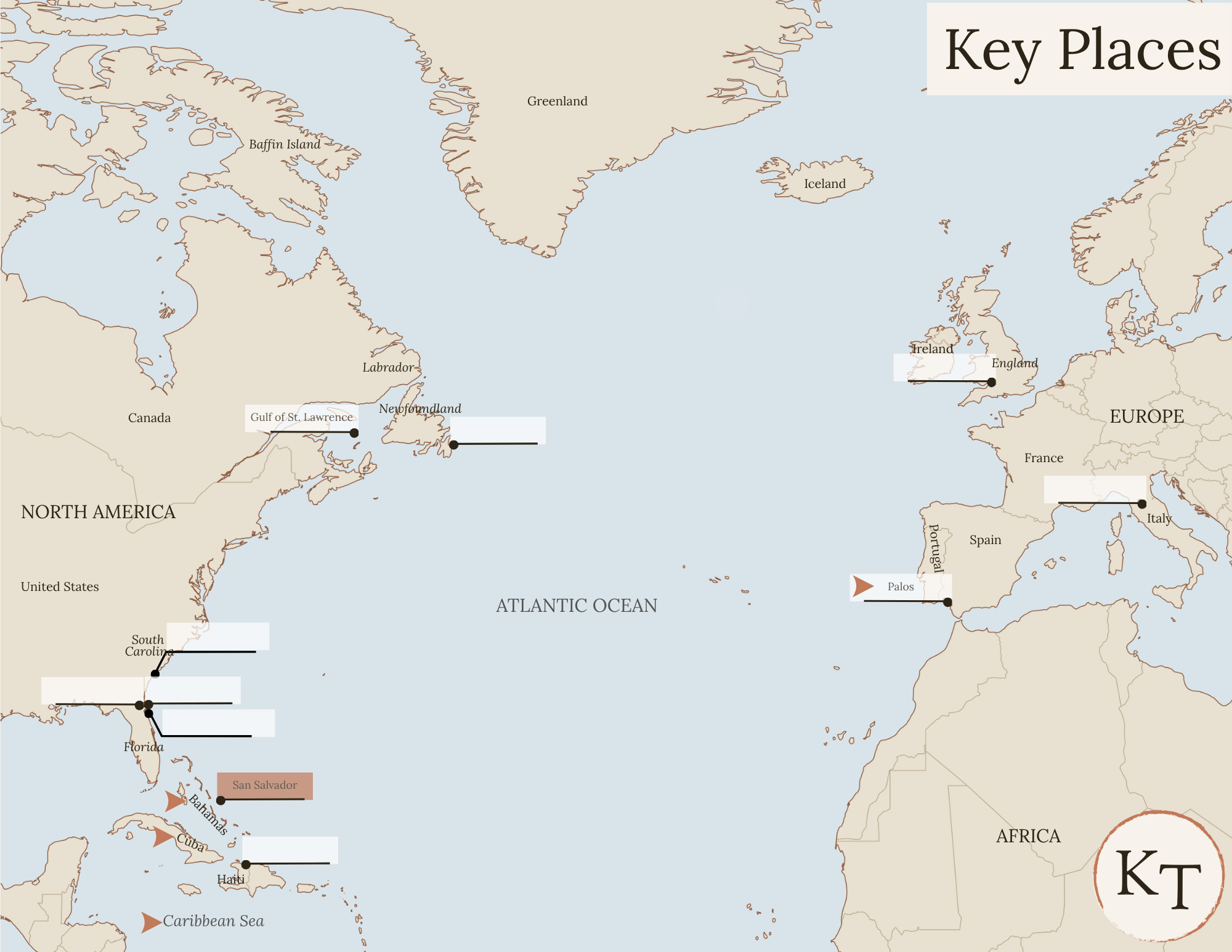 Key Places map for This Country of Ours Chapter 3, with the Bahamas, Cuba, the Caribbean Sea, Palos, San Salvador, the Bahamas (once called Watling Island) marked