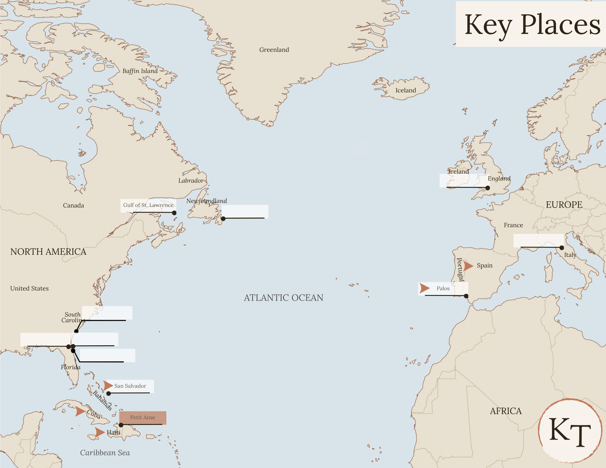 Key Places map for This Country of Ours Chapter 4, with Haiti (Española), Cuba, Spain, Palos, San Salvador, Petit Anse, Haiti (site of La Navidad) marked