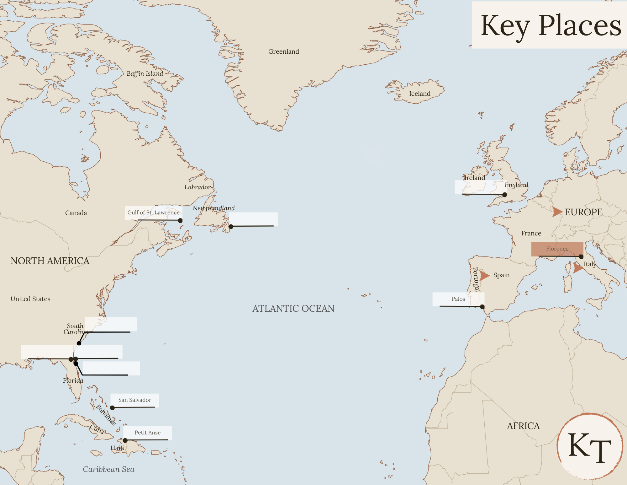 Key Places map for This Country of Ours Chapter 5, with Spain, Italy, Europe, Florence, Italy marked