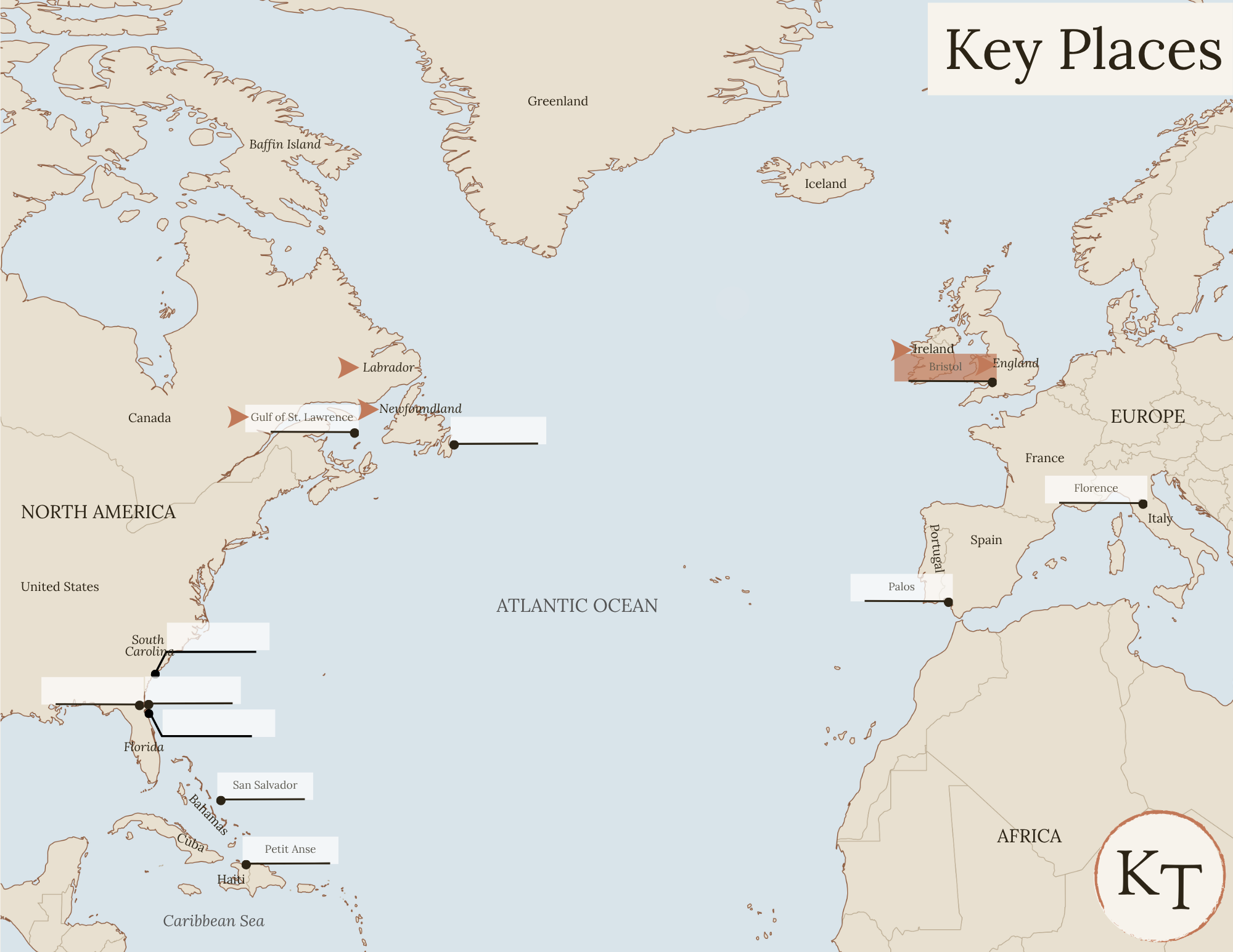 Key Places map for This Country of Ours Chapter 6, with England, Ireland, Newfoundland, Labrador, the Gulf of St. Lawrence, Bristol, England marked