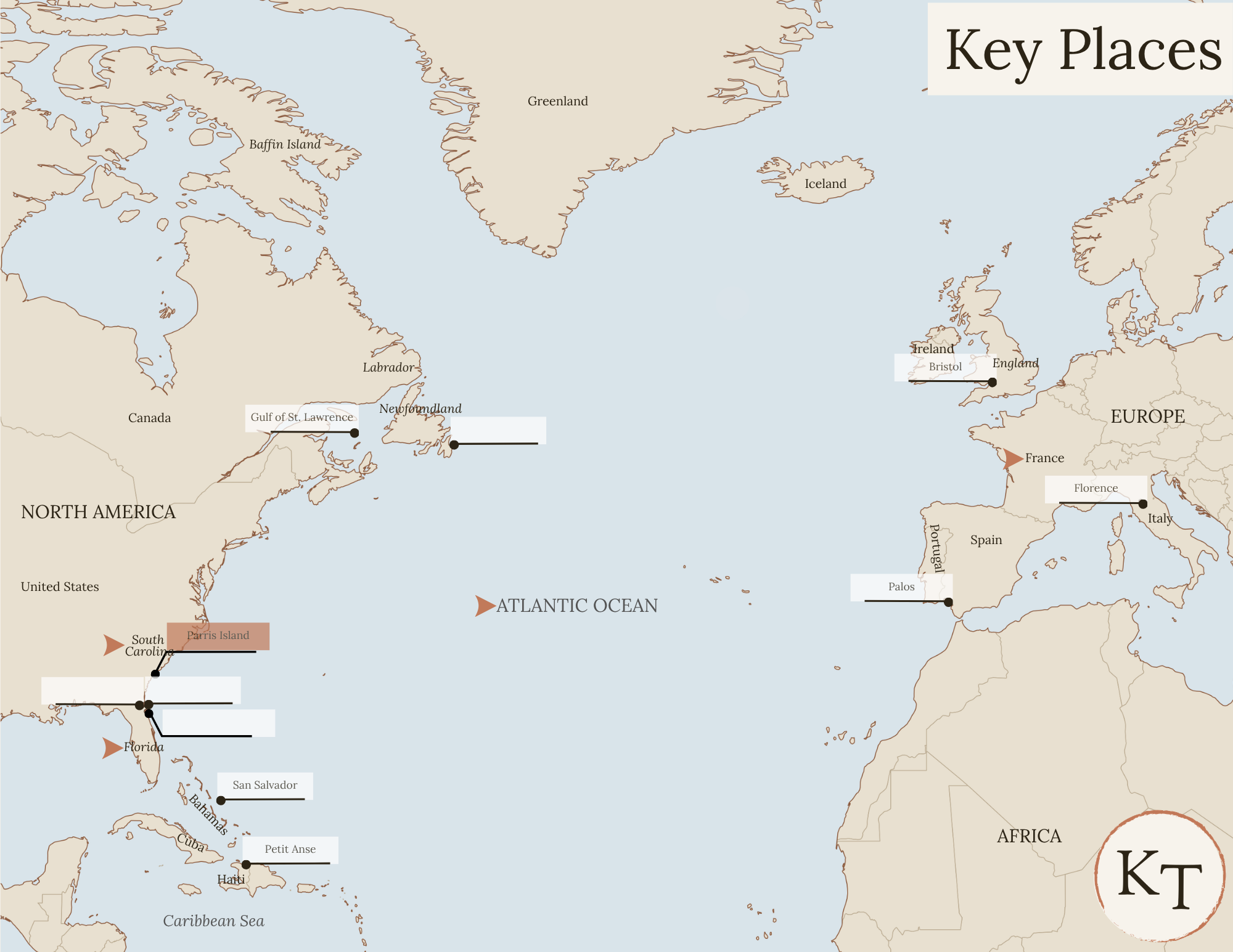 Key Places map for This Country of Ours Chapter 7, with South Carolina, Florida, France, the Atlantic Ocean, Parris Island, South Carolina (location of Charlesfort) marked
