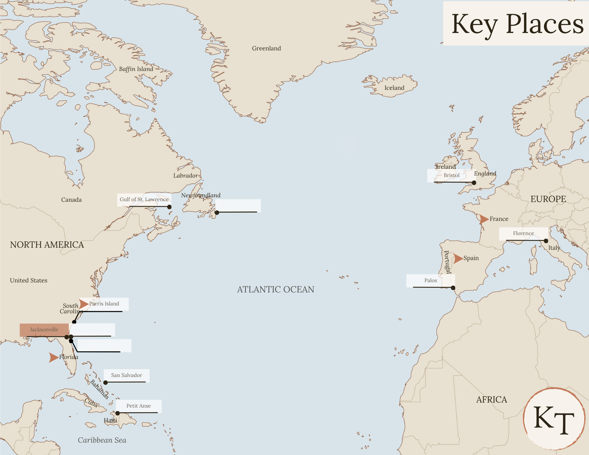 Key Places map for This Country of Ours Chapter 8, with Florida, France, Spain, Parris Island (Charlesfort), Jacksonville, Florida (location of Fort Caroline) marked