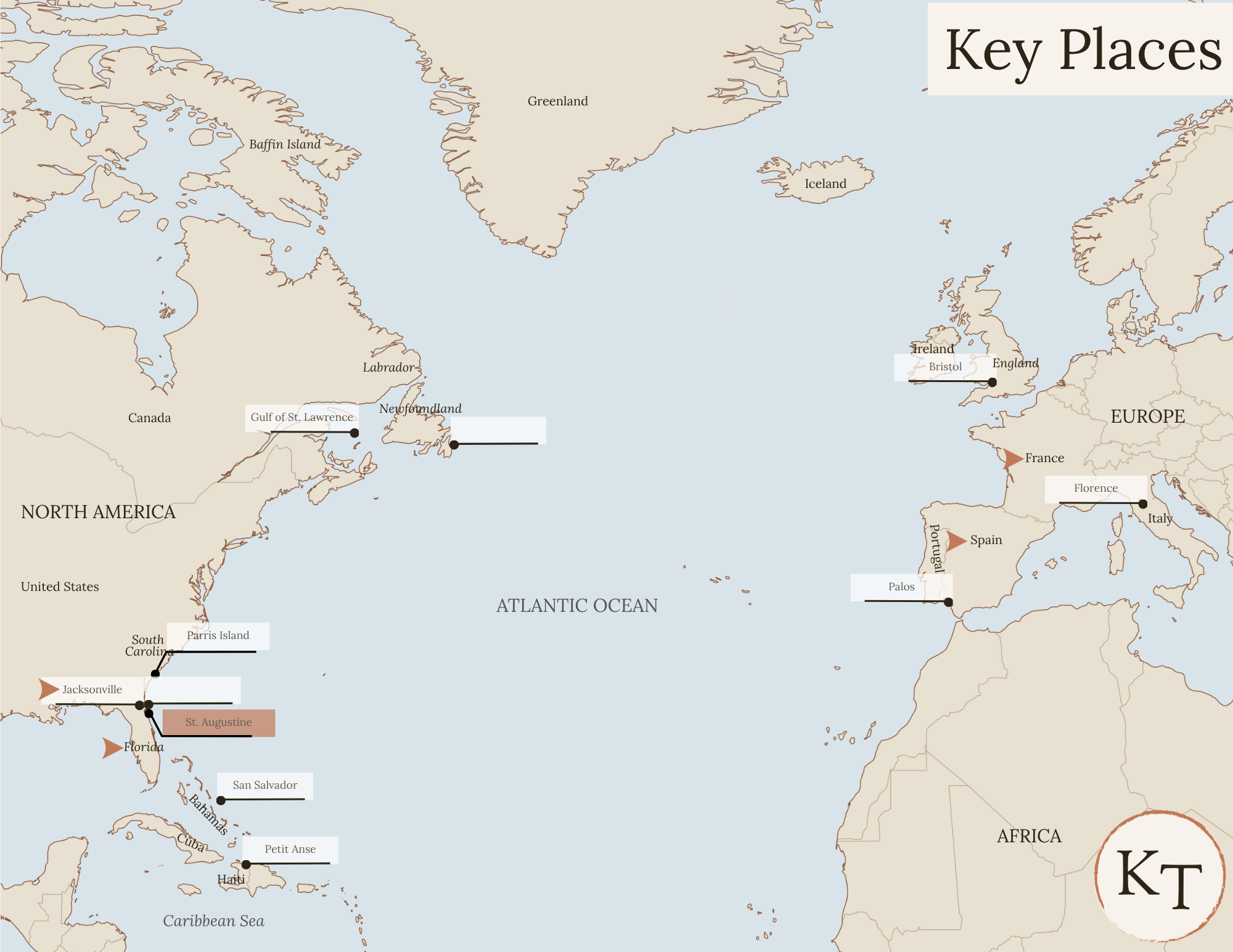 Key Places map for This Country of Ours Chapter 9, with Florida, Spain, France, Jacksonville (Fort Caroline), St. Augustine, Florida marked